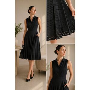 Lafayette 148 New York Laser Cut Pleated Midi Dress 8 Black Quiet Luxury Luxe